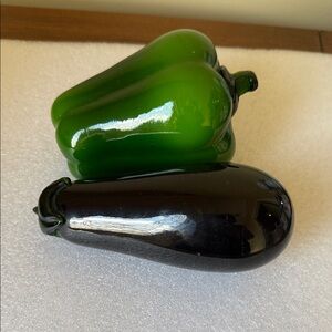 Green Bell Pepper and Purple Eggplant Glass Vegetables Decor